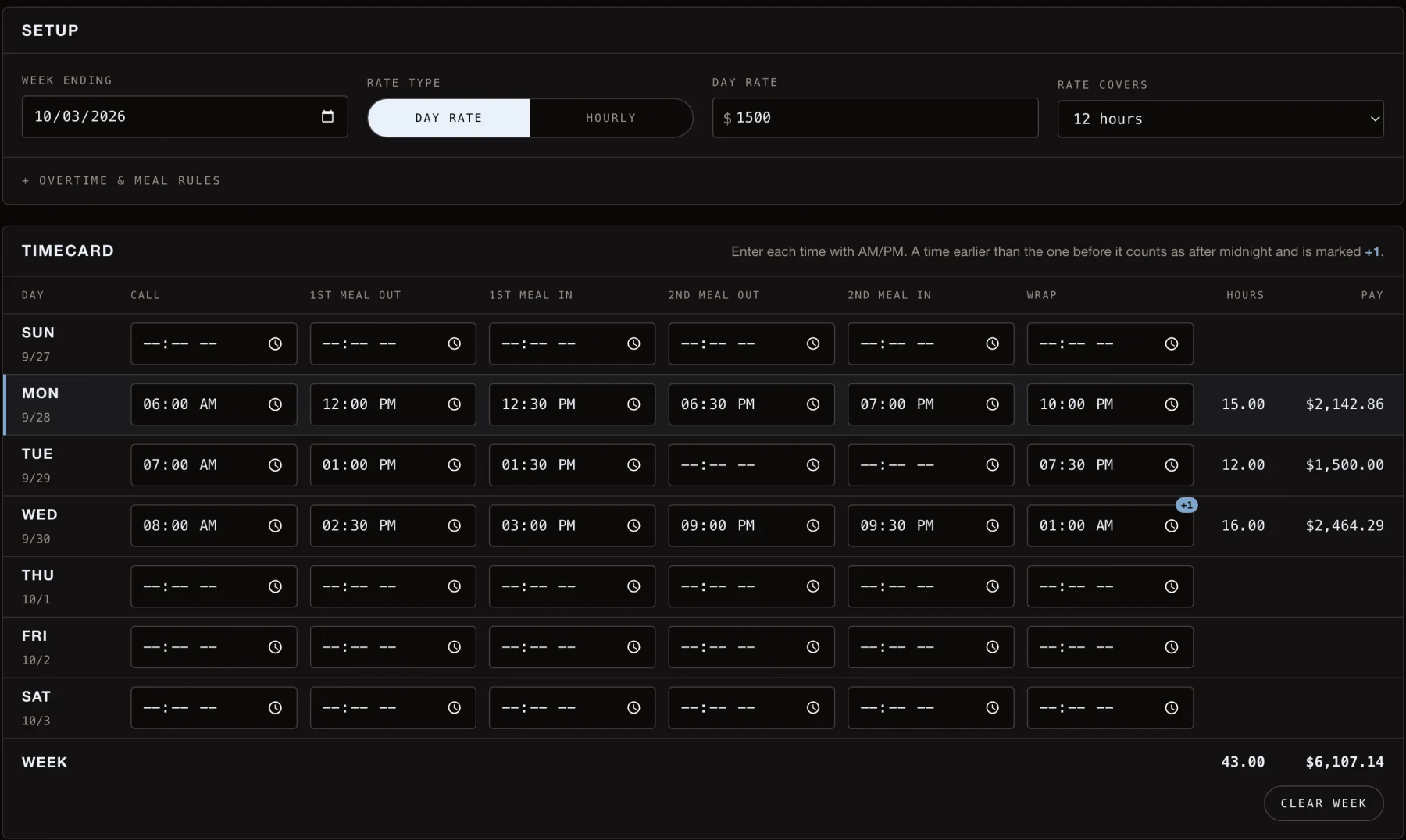 Preview of the Crew Timecard: a Sunday-to-Saturday grid of call, meal and wrap times with daily hours and pay